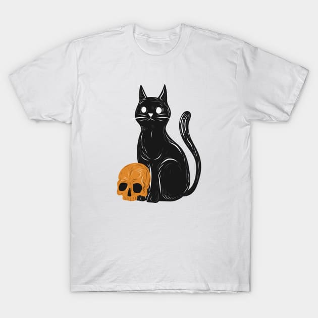 Spooky cat with skull Halloween T-Shirt by ZaikyArt